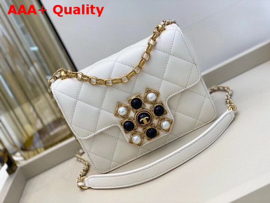 Chanel Flap Bag Calfskin Onyx Pearls and Gold Tone Metal White AS1889 Replica