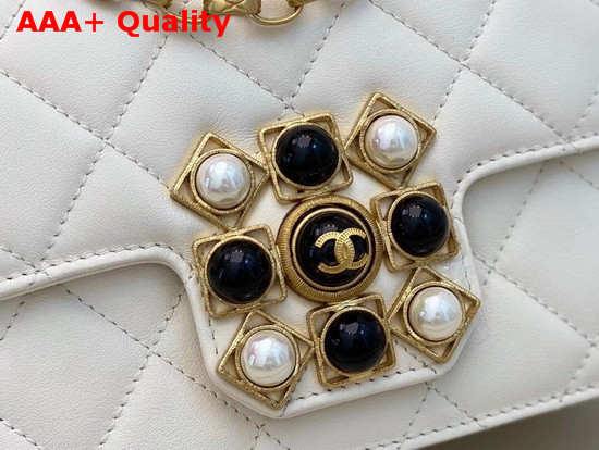 Chanel Flap Bag Calfskin Onyx Pearls and Gold Tone Metal White AS1889 Replica