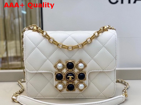 Chanel Flap Bag Calfskin Onyx Pearls and Gold Tone Metal White AS1889 Replica