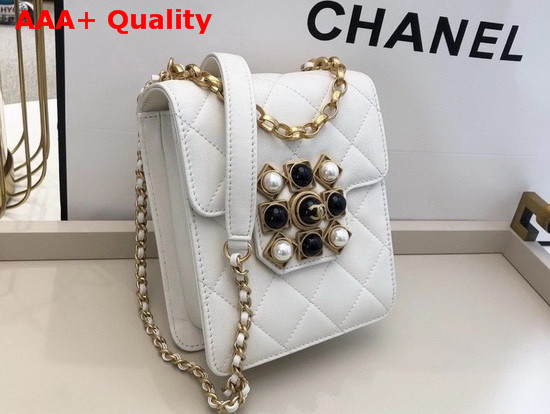 Chanel Flap Bag Calfskin Pearls Amethyst Quartz Gold Tone Metal White AS1890 Replica