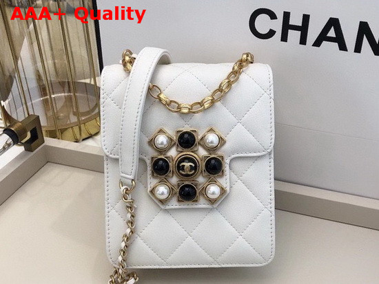 Chanel Flap Bag Calfskin Pearls Amethyst Quartz Gold Tone Metal White AS1890 Replica