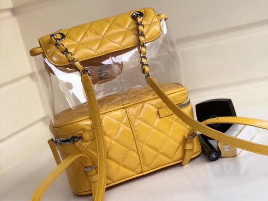 Chanel Flap Bag Crumpled Calfskin PVC Resin Silvertone Metal Yellow