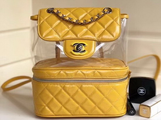 Chanel Flap Bag Crumpled Calfskin PVC Resin Silvertone Metal Yellow