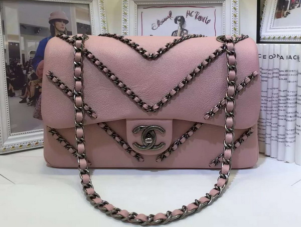 Chanel Flap Bag Deer Leather and Ruthenium Metal Pink for Sale