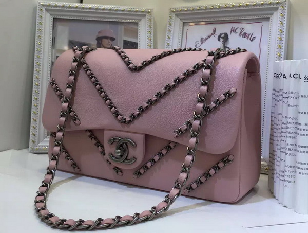 Chanel Flap Bag Deer Leather and Ruthenium Metal Pink for Sale