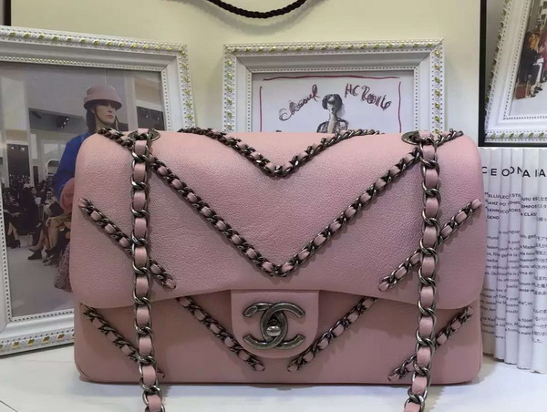 Chanel Flap Bag Deer Leather and Ruthenium Metal Pink for Sale