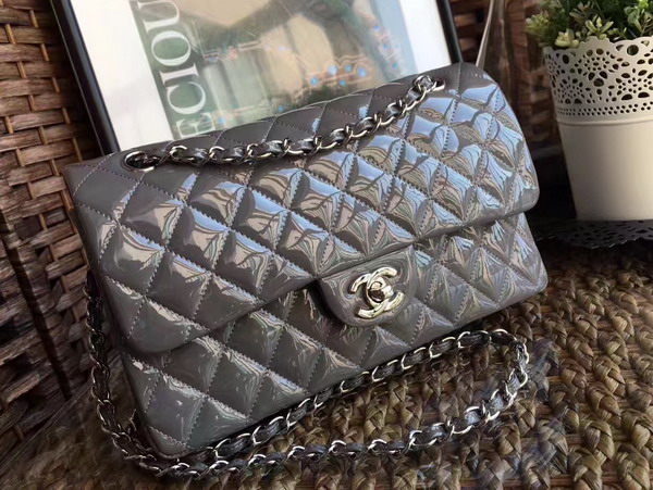 Chanel Flap Bag Grey Patent Leather Silver Tone Metal For Sale