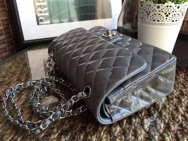 Chanel Flap Bag Grey Patent Leather Silver Tone Metal For Sale