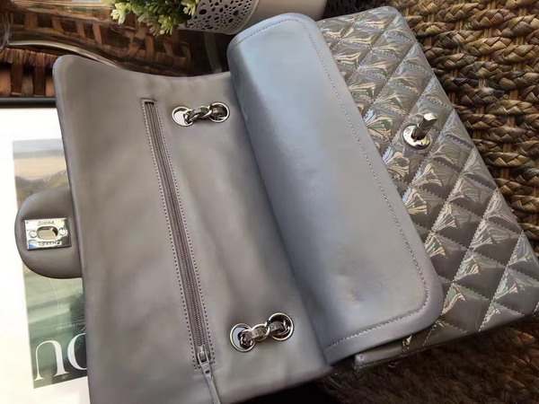 Chanel Flap Bag Grey Patent Leather Silver Tone Metal For Sale