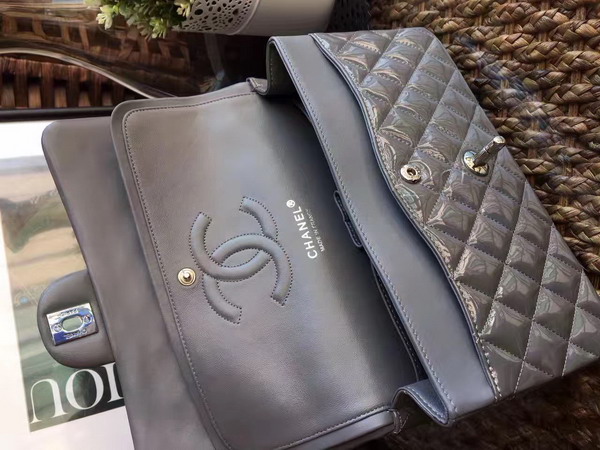 Chanel Flap Bag Grey Patent Leather Silver Tone Metal For Sale