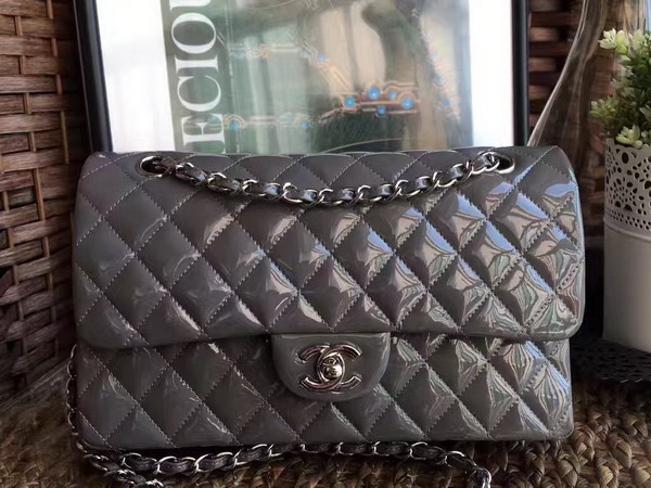 Chanel Flap Bag Grey Patent Leather Silver Tone Metal For Sale