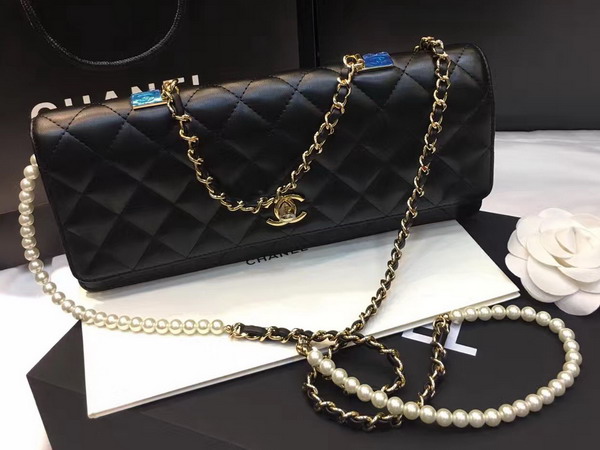 Chanel Flap Bag Lambskin Fantasy Pearls Gold Metal Black for Sale