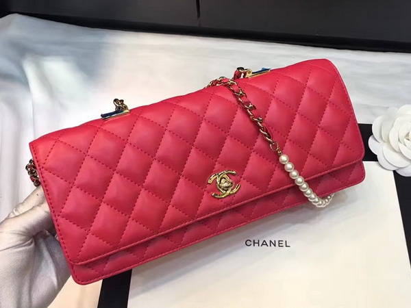 Chanel Flap Bag Lambskin Fantasy Pearls Gold Metal Red for Sale