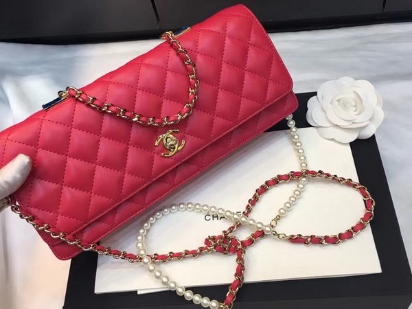 Chanel Flap Bag Lambskin Fantasy Pearls Gold Metal Red for Sale