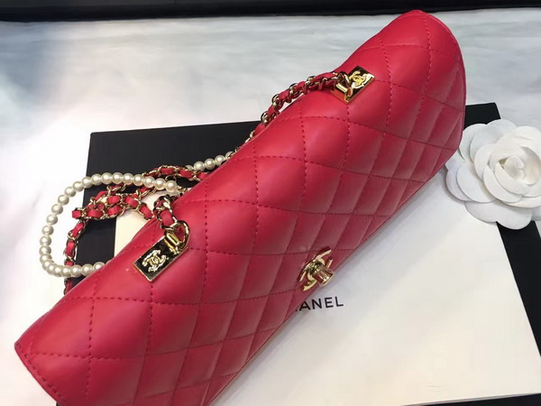 Chanel Flap Bag Lambskin Fantasy Pearls Gold Metal Red for Sale