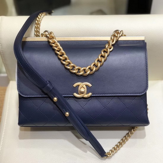 Chanel Flap Bag Lambskin Gold Tone Metal Navy Blue