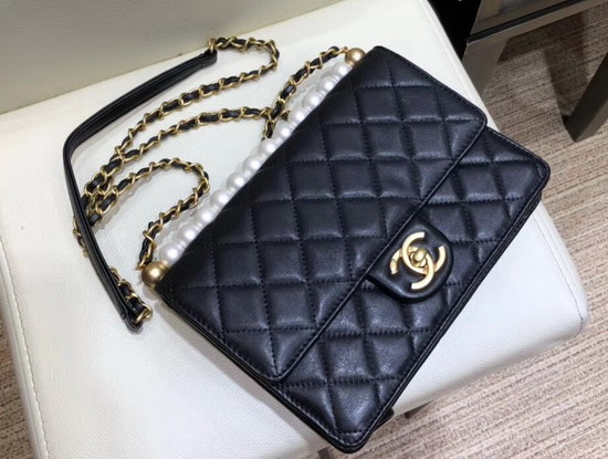 Chanel Flap Bag Lambskin Imitaion Pearls and Gold Tone Metal Black AS0585