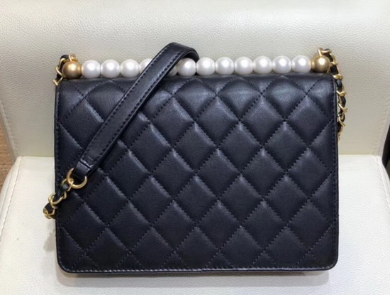 Chanel Flap Bag Lambskin Imitaion Pearls and Gold Tone Metal Black AS0585