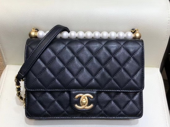 Chanel Flap Bag Lambskin Imitaion Pearls and Gold Tone Metal Black AS0585