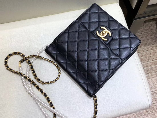 Chanel Flap Bag Lambskin Imitation Pearls and Gold Tone Metal Black AS0580