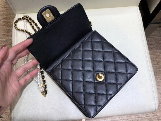 Chanel Flap Bag Lambskin Imitation Pearls and Gold Tone Metal Black AS0580