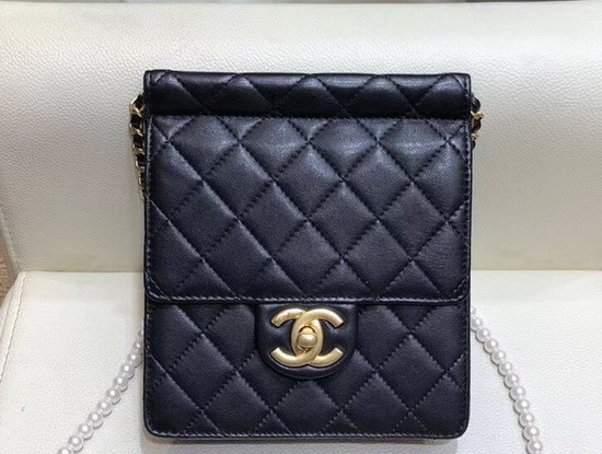 Chanel Flap Bag Lambskin Imitation Pearls and Gold Tone Metal Black AS0580