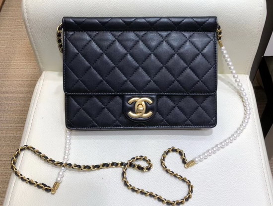 Chanel Flap Bag Lambskin Imitation Pearls and Gold Tone Metal Black AS0582