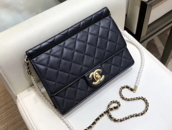 Chanel Flap Bag Lambskin Imitation Pearls and Gold Tone Metal Black AS0582