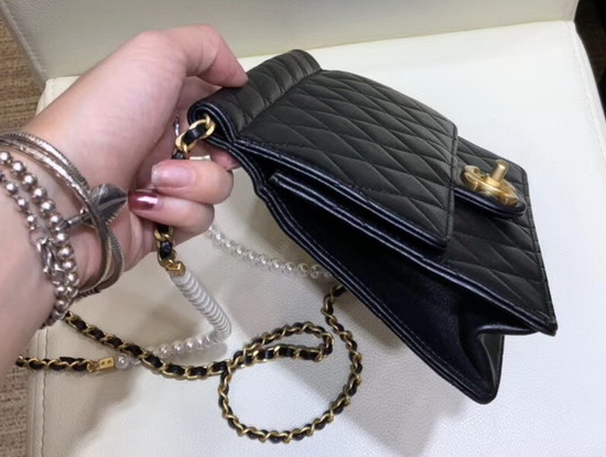 Chanel Flap Bag Lambskin Imitation Pearls and Gold Tone Metal Black AS0582