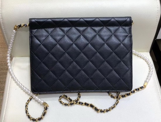 Chanel Flap Bag Lambskin Imitation Pearls and Gold Tone Metal Black AS0582