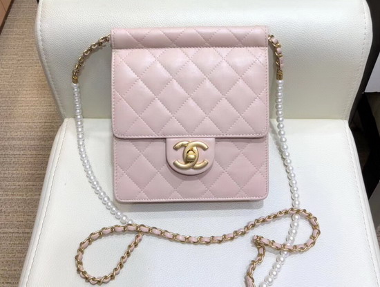 Chanel Flap Bag Lambskin Imitation Pearls and Gold Tone Metal Pink AS0580