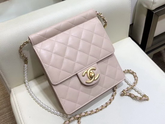 Chanel Flap Bag Lambskin Imitation Pearls and Gold Tone Metal Pink AS0580