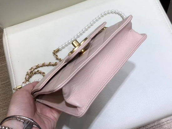 Chanel Flap Bag Lambskin Imitation Pearls and Gold Tone Metal Pink AS0580