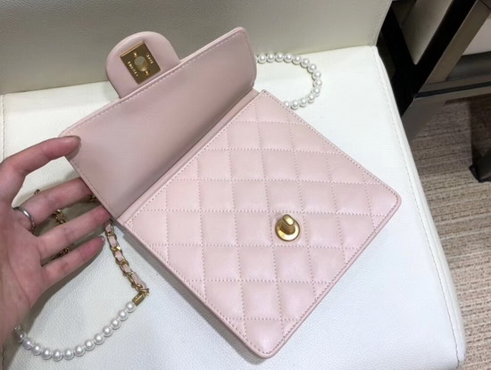 Chanel Flap Bag Lambskin Imitation Pearls and Gold Tone Metal Pink AS0580