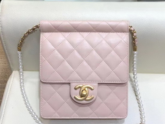 Chanel Flap Bag Lambskin Imitation Pearls and Gold Tone Metal Pink AS0580