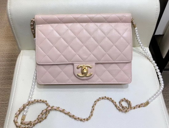 Chanel Flap Bag Lambskin Imitation Pearls and Gold Tone Metal Pink AS0582