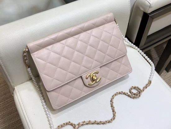 Chanel Flap Bag Lambskin Imitation Pearls and Gold Tone Metal Pink AS0582