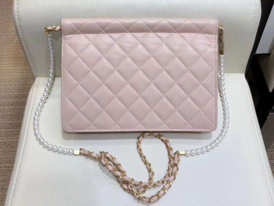 Chanel Flap Bag Lambskin Imitation Pearls and Gold Tone Metal Pink AS0582