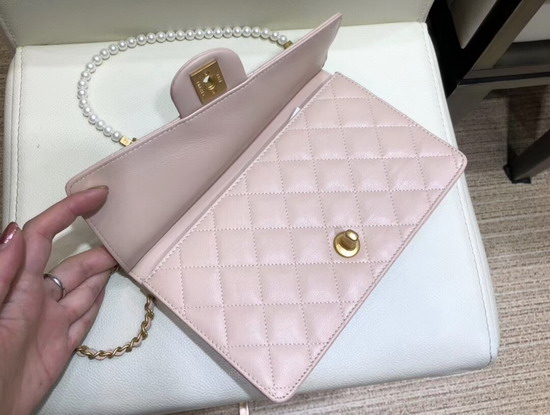 Chanel Flap Bag Lambskin Imitation Pearls and Gold Tone Metal Pink AS0582