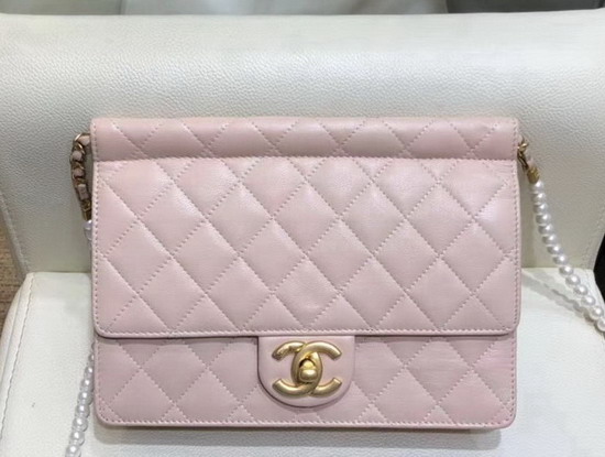 Chanel Flap Bag Lambskin Imitation Pearls and Gold Tone Metal Pink AS0582