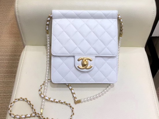 Chanel Flap Bag Lambskin Imitation Pearls and Gold Tone Metal White AS0580