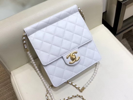 Chanel Flap Bag Lambskin Imitation Pearls and Gold Tone Metal White AS0580