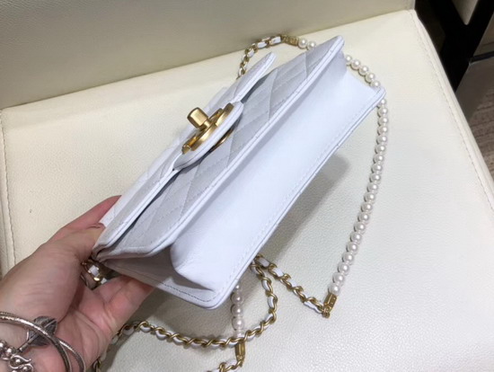 Chanel Flap Bag Lambskin Imitation Pearls and Gold Tone Metal White AS0580