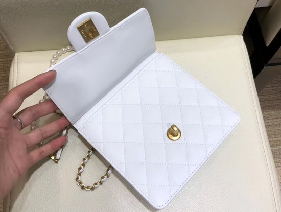 Chanel Flap Bag Lambskin Imitation Pearls and Gold Tone Metal White AS0580