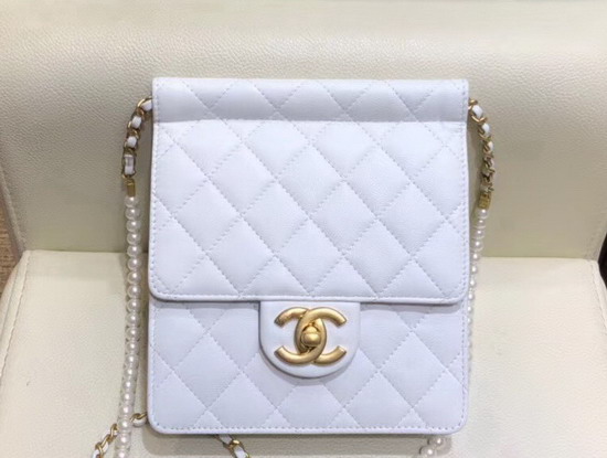 Chanel Flap Bag Lambskin Imitation Pearls and Gold Tone Metal White AS0580