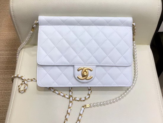 Chanel Flap Bag Lambskin Imitation Pearls and Gold Tone Metal White AS0582