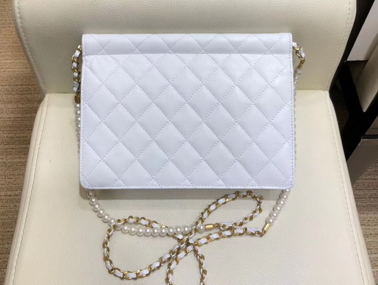 Chanel Flap Bag Lambskin Imitation Pearls and Gold Tone Metal White AS0582