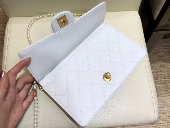 Chanel Flap Bag Lambskin Imitation Pearls and Gold Tone Metal White AS0582