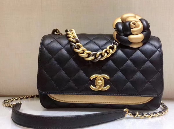 Chanel Flap Bag Lambskin Metallic Calfskin Dark Gold and Black For Sale