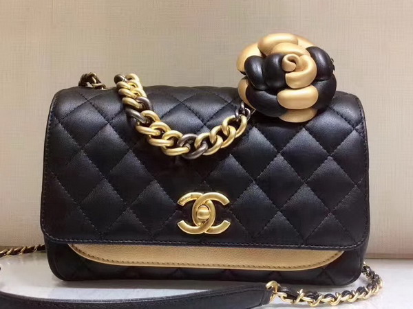 Chanel Flap Bag Lambskin Metallic Calfskin Dark Gold and Black For Sale